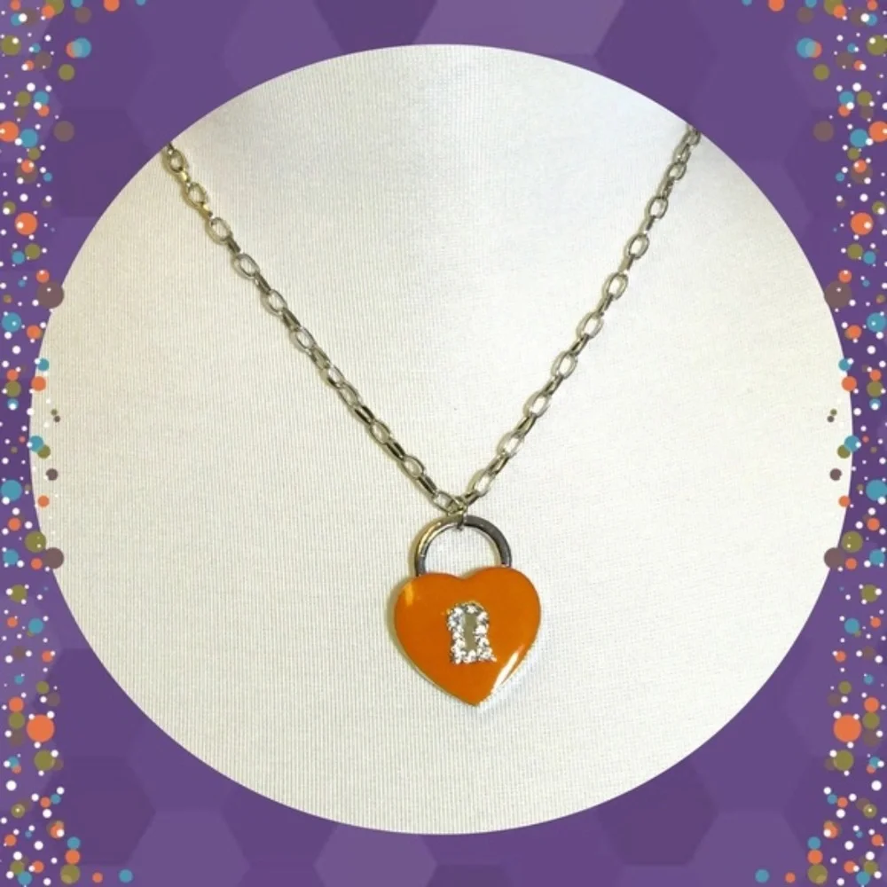 Girls Orange Heart Lock Rhinestone Keyhole Pendant Necklace